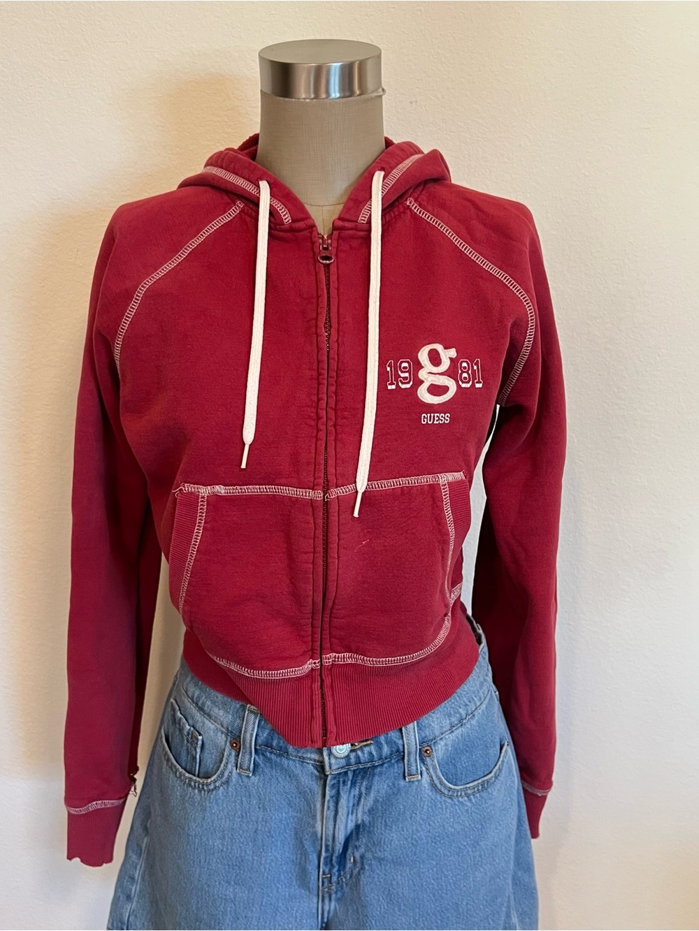 GUESS Deep Red Zip Hoodie with White Drawstrings